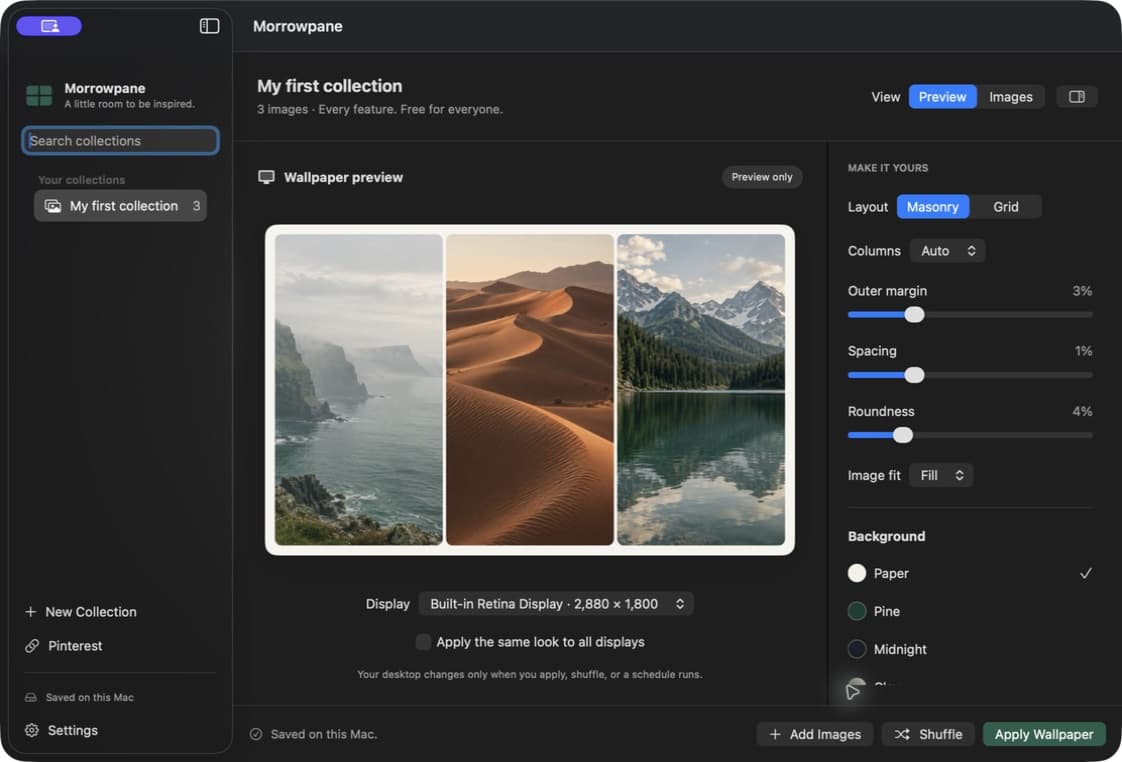 Morrowpane on Mac arranging nature images into a desktop mood board